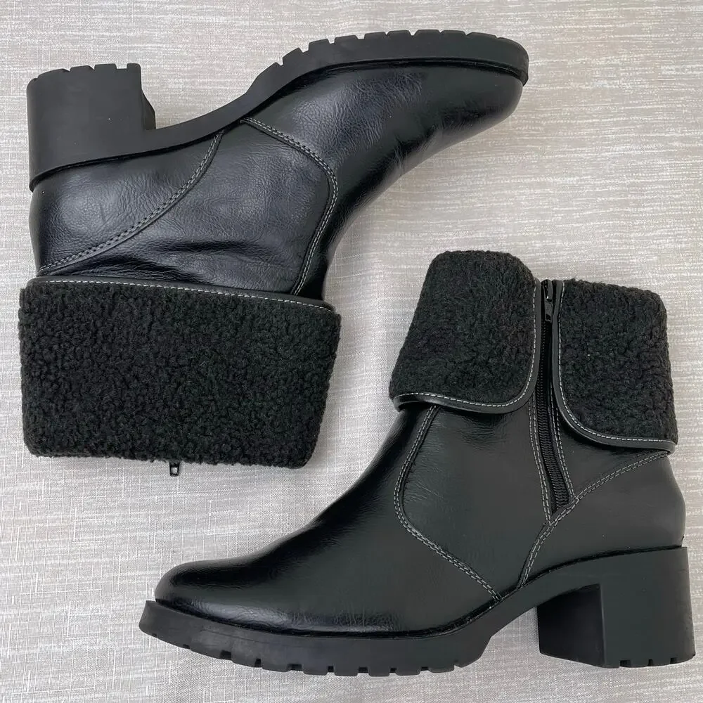 Aerosoles Faux Fur Cuff Black Chunky Ankle Boots Womens 9.5M Winter Warm Comfort